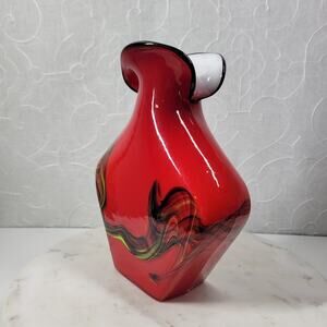 Vintage Hand Blown Art Glass Vase 10" Red Abstract Swirl Flared Rim